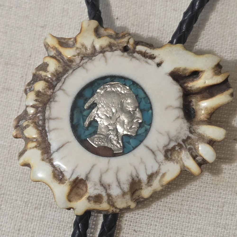 vtg antler bolo tie with buffalo head nickle tourqoise and coral leather cord